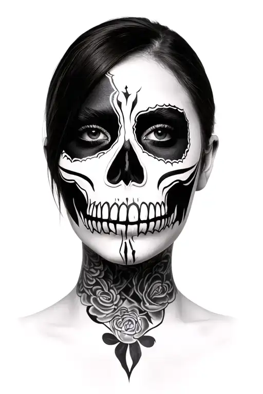 a realistic woman's face with face paint on her face to look like a skull. tattoos on her and sexy tattoo design idea