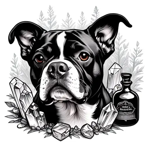 A mystical forest scene with a staffy dog surrounded by witchy elements like crystals and potion bottles tattoo design idea