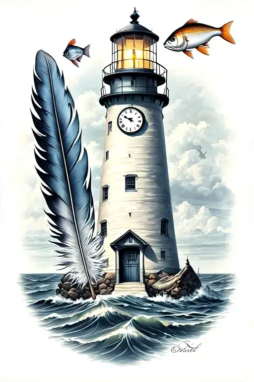 lighthouse with clock indian feather and fish tattoo design idea