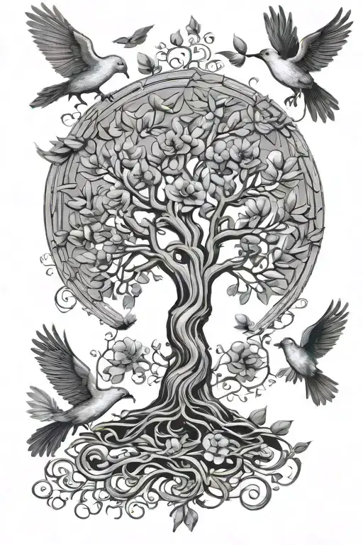 tree of life with 3 birds and 2 doves flying away tattoo design idea