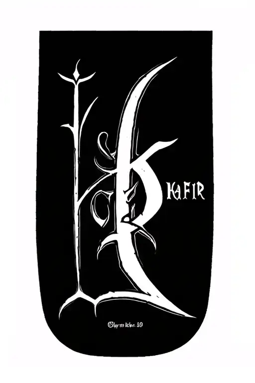 Bold forearm tattoo of the word ‘Kafir’ in Gothic calligraphy or old English font with faded Templar cross  tattoo design idea
