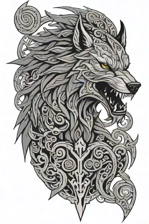 angry fenrir with runes wrapping, nordic, black and grey, with not allot of black tattoo design idea
