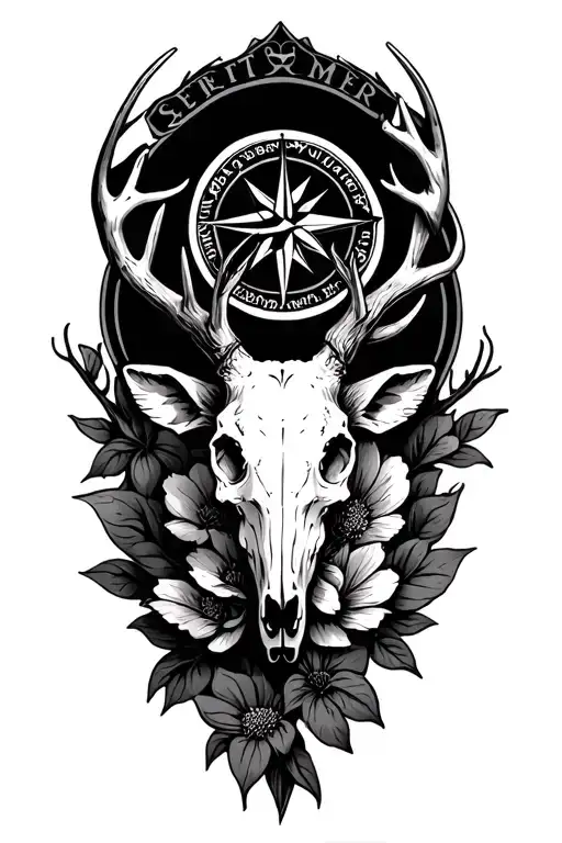 september birth flower, deer skull, detailed compass rose tattoo design idea