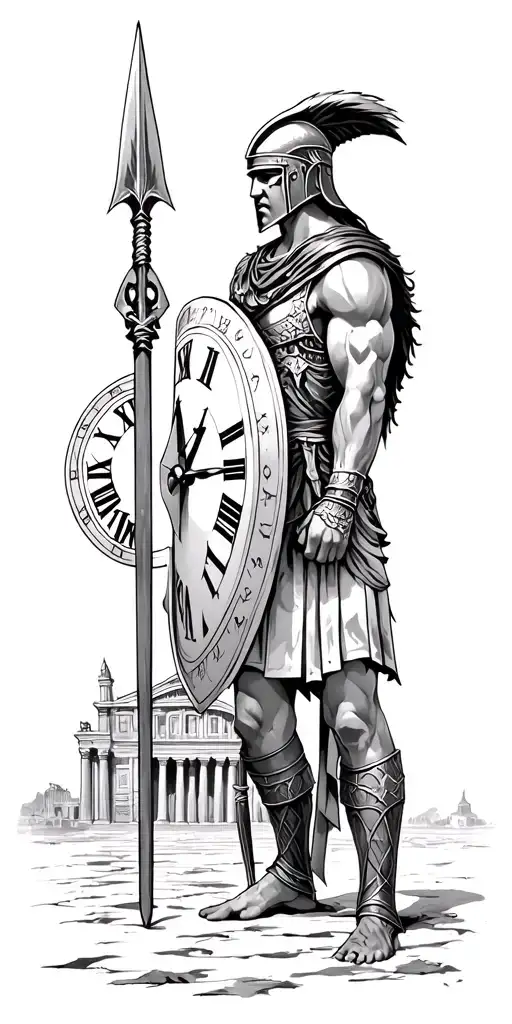 spartan warrior with helmet and spear and shield. roman buildings and clocks with roman numeral.  tattoo design idea