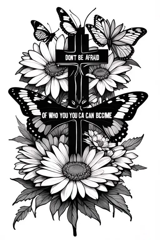 THE WORDS “DONT BE AFRAID OF WHO YOU CAN BECOME” WITH big BUTTERFLIES AND CHRYSANTHEMUM FLOWERS. and a cross  tattoo design idea
