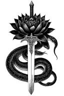a sword going down with an anaconda around it and a black lotus flower in it tattoo design idea