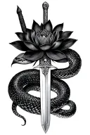 a sword going down with an anaconda around it and a black lotus flower in it tattoo design idea
