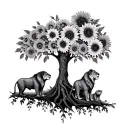 tree of life and with lioness and Cubs with sunflowers tattoo design idea