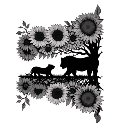 tree of life and with lioness and Cubs with sunflowers tattoo design idea
