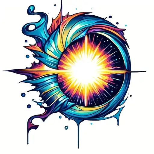 Fluid Aurora Ribbons, Translucent Soundwaves, Shattered Prism Shadows, Melting Harmony Vortex, Glowing-Broken Circle. tattoo design idea