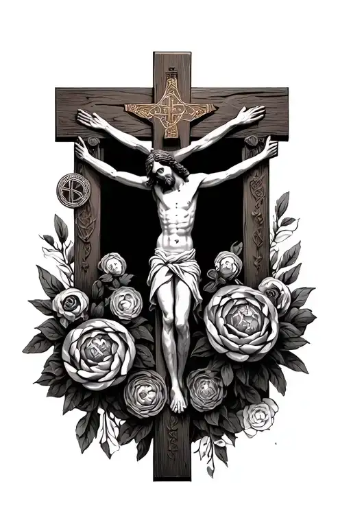  crucifixion and Jesus Christ surrounded by symbols tattoo design idea