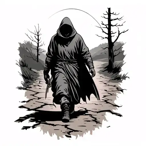 Neo-traditional black-and-grey tattoo flash: a lone hooded figure walking a cracked midnight road. His shadow morphs int tattoo design idea