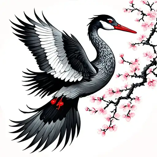black and grey flying crane with cherry blossoms tattoo design idea