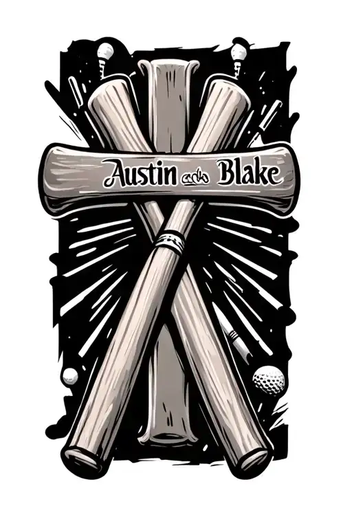 cross as a baseball bat and golf club with the names Austin and Blake tattoo design idea