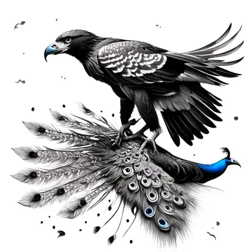 Majestic hawk with wide wings, clutching the peacock’s neck — fierce power meets fragile beauty. tattoo design idea