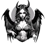 Sexy Pale Girl, Petite, Big Boobs, Wide Hips, G-String, Demonic Horns, Demonic Wings, Ripped Shirt, Sexual Pose tattoo design idea