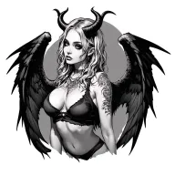 Sexy Pale Girl, Petite, Big Boobs, Wide Hips, G-String, Demonic Horns, Demonic Wings, Ripped Shirt, Sexual Pose tattoo design idea