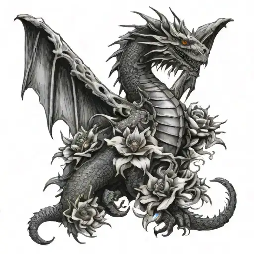 bahamut dragon with flowers blooming tattoo design idea