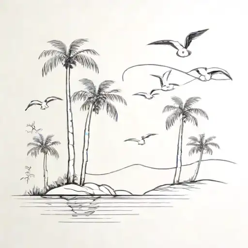 palm trees and six sea gulls  tattoo design idea