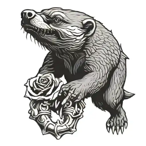 honey badger holds brass knuckles and a rose bottle around the web and teeth tattoo design idea