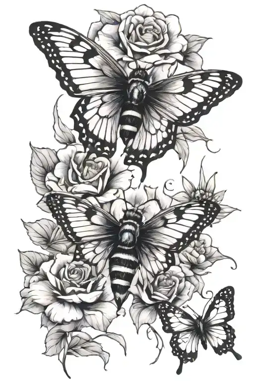 flowers with a butterfly and a bee flying tattoo design idea