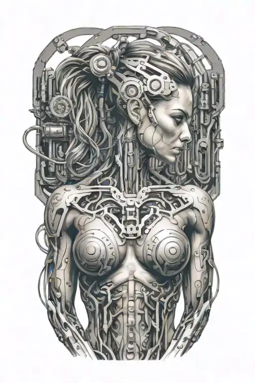 bodybuilder muscular women with technology circuits merging tattoo design idea