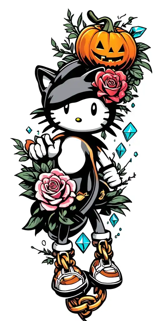 Sonic, Hello Kitty, jack-o-lantern, roses, diamonds, colorful sleeve tattoo chain tattoo design idea