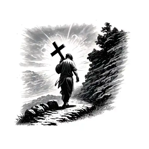 man carrying a cross on his back while following a narrow path. This path leads to a chasm, past this is heaven tattoo design idea