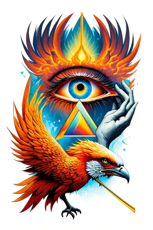 Pink Floyd style Illuminati eye being held by a phoenix tattoo design idea