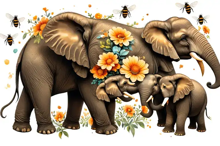 mom elephant with 3 babies and their trunks are up playing in flowers with bees circling their head  tattoo design idea