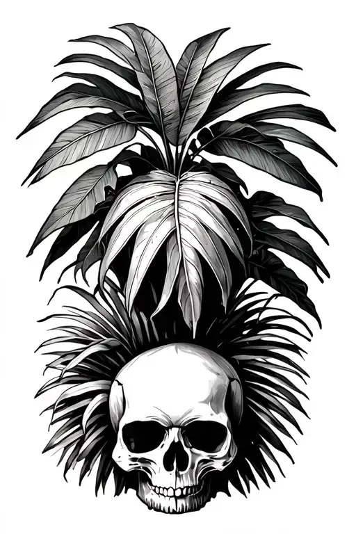 philodendron palm, coconut palm and a small skull at the back tattoo design idea