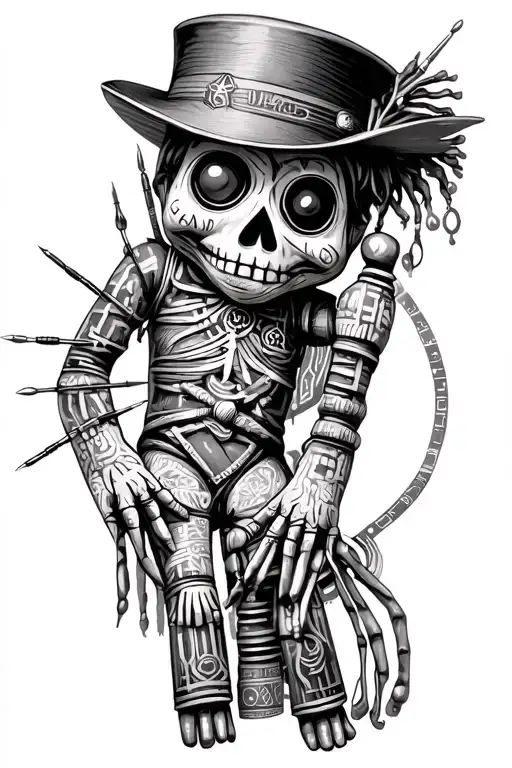 voodoo doll with cylinder hat and needles on his own hand tattoo design idea