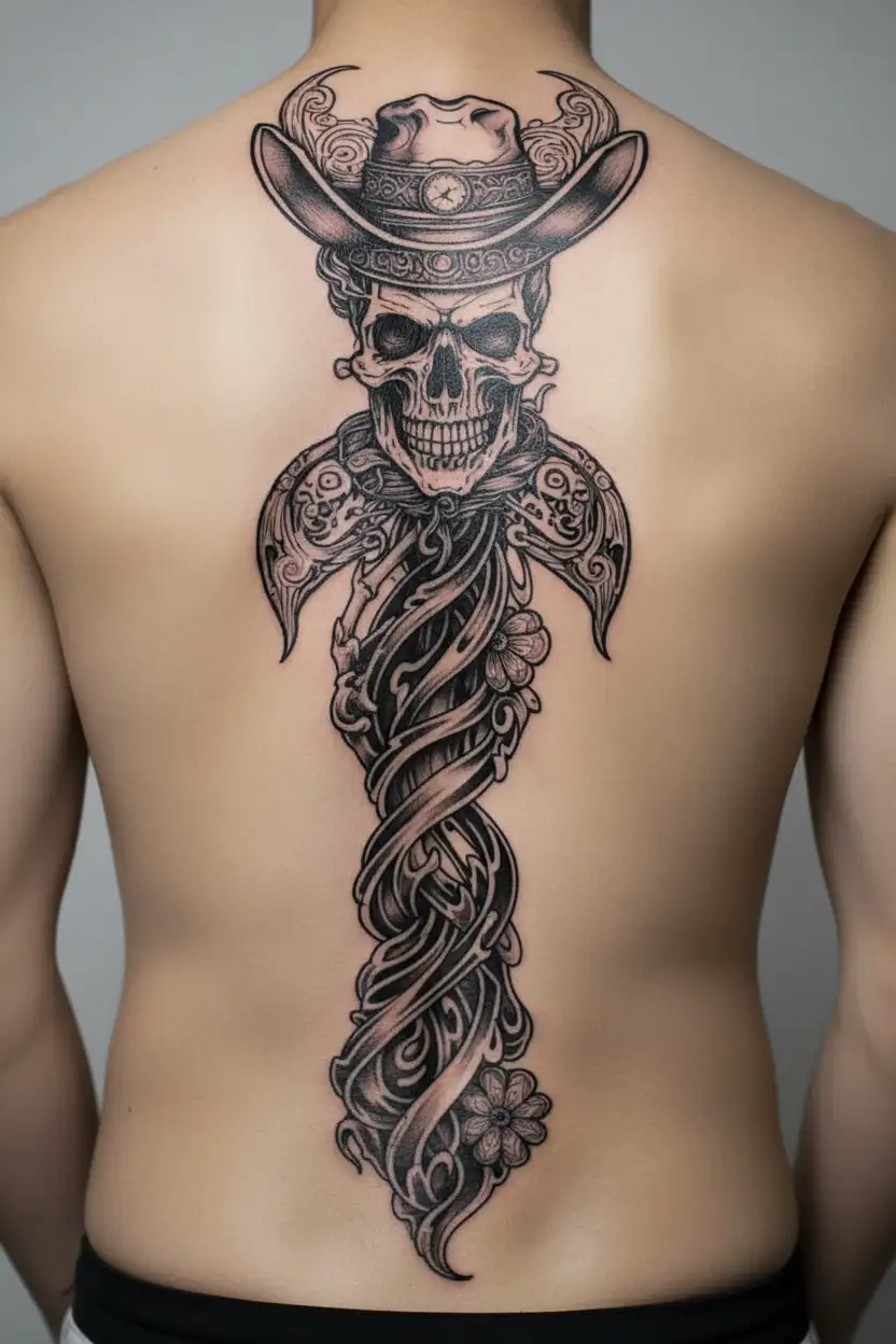 western outlaw skull cowboy tattoo design idea