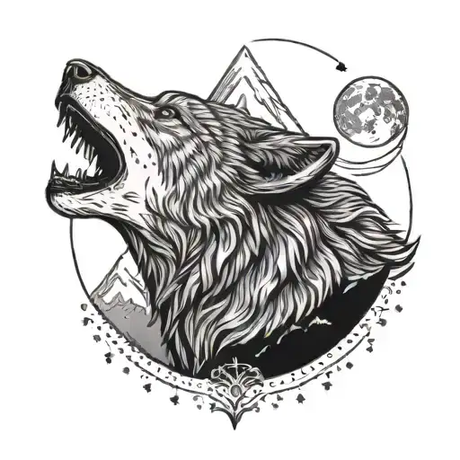 Wolf howling under the Norwegian midnight sun tattoo design idea
