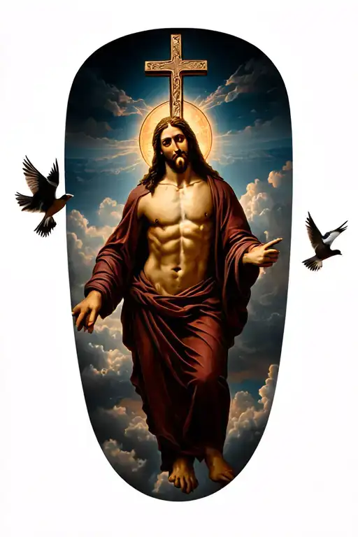 Cross necklace around Jesus and birds flying around the clouds surrounding him tattoo design idea