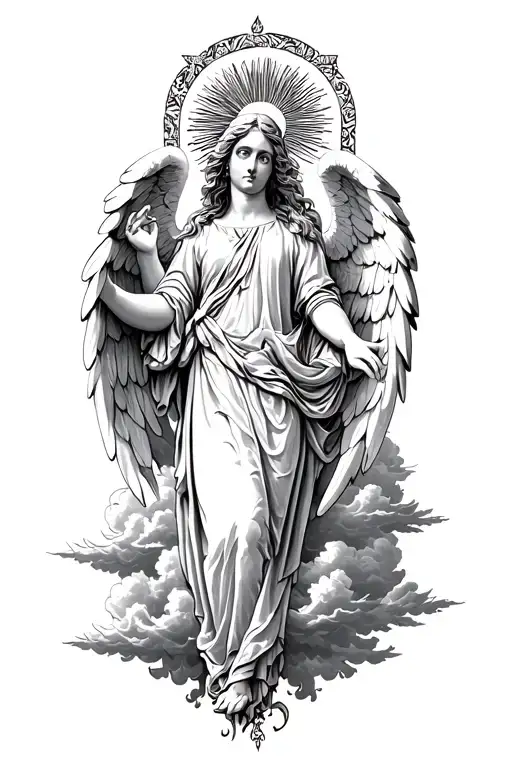 arch angel surrounded by clouds and the sun tattoo design idea