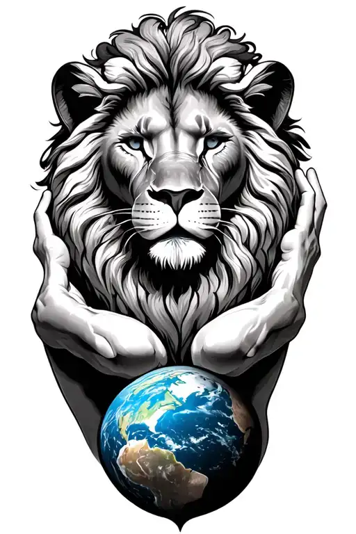 lion Atlas with human body holding up the world tattoo design idea