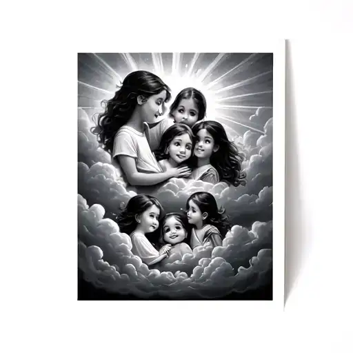 Clouds with rays shining on 4 grandchildren tattoo design idea