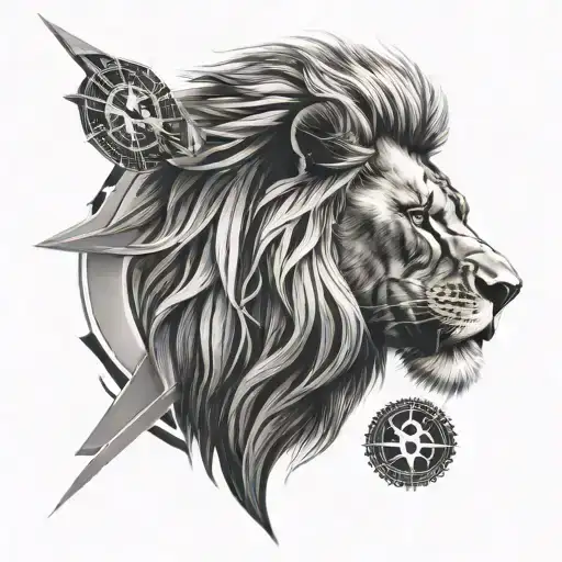 A powerful image of a lion symbolizing strength and self-discipline, with a subtle hourglass in the background representing time tattoo design idea