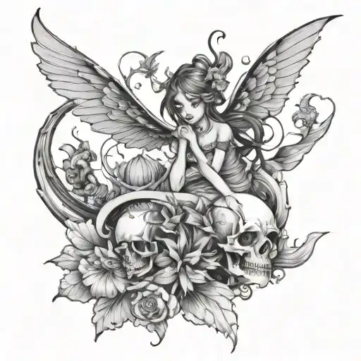 fairy with skull and koi fish jumping tattoo design idea