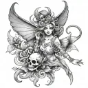 fairy with skull and koi fish jumping tattoo design idea