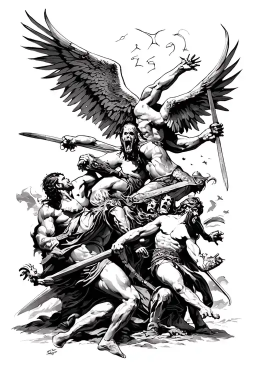 A battle scene depicting good forces fighting evil forces to represent the struggle between following god and sinning tattoo design idea