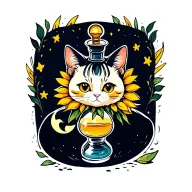 cat Potion bottle surrounded sun star moon sunflower tattoo design idea