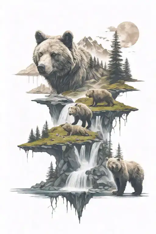 mountains with waterfalls and grasslands with bears and wolves in the background tattoo design idea