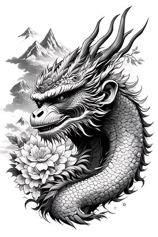 Sung Wukong with a head like a human not a monkey Sittiong on the full size dragon heads bacground flowers mountain.  tattoo design idea