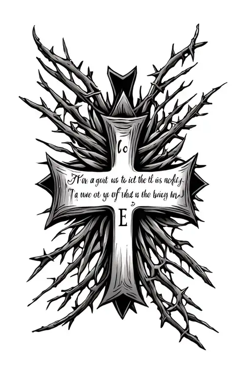 Family initial in cross with a Bible verse and a crown of thorns tattoo design idea