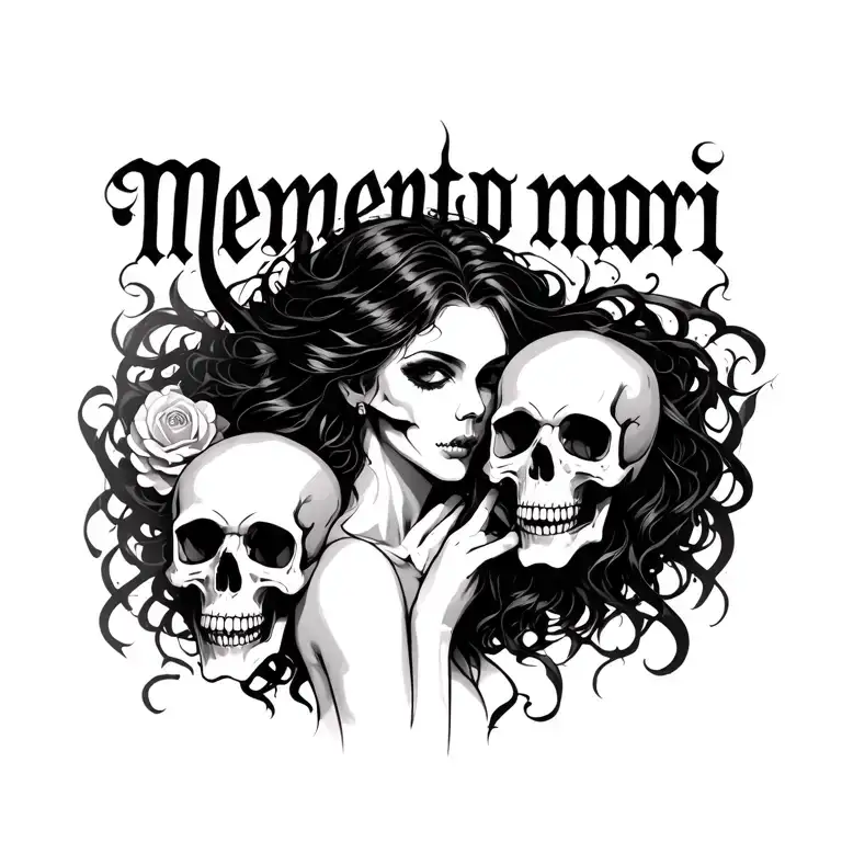 demonic woman beautiful holding skulls with memento mori written in gothic script above tattoo design idea