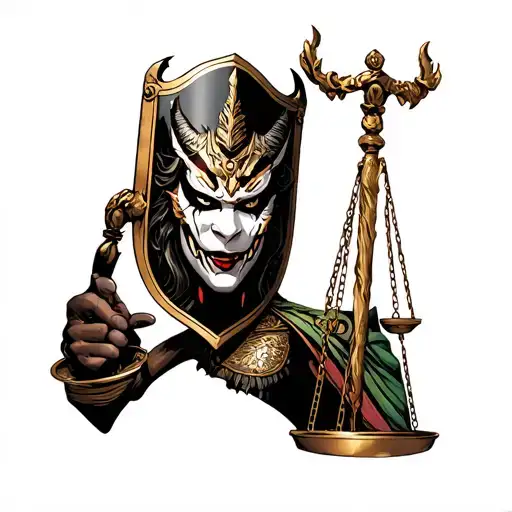 lady justice wearing  Hannya Mask Demon Oni Samurai Half Face Shield. Only one hand holding up a scale tattoo design idea