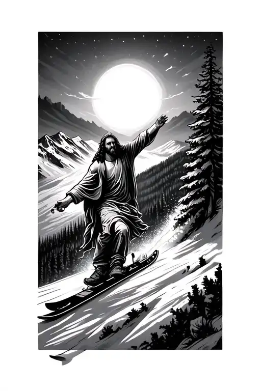 jesus riding down a mountain on skis tattoo design idea