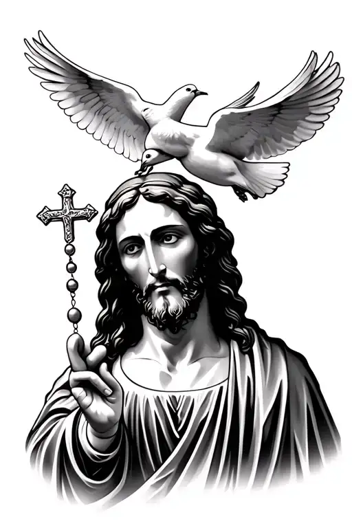 Jesus face holding rosary with 2 doves flying under tattoo design idea
